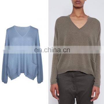 Laides Slouchy Long Sleeve Front Pouch Cashmere Fibre Knit Women v Neck Tshirt