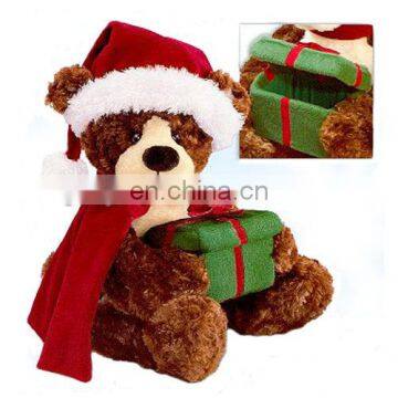 Excellent Christmas gift Red X'mas hat and scarf Teddy bear holding a green gift box