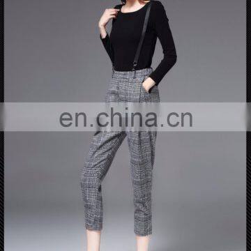 fashionable all match harem loose wool removable suspender casual plaid ninth pants