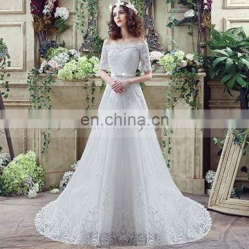 Wholesale Off Shoulder Half Sleeve Lace-Up A Line Lace Wedding Dresses SQS046