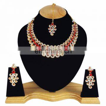 Designer Gold Plated Indian Handmade Party wear Kundan Zerconic Necklace set Red Color