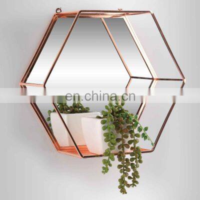 hot sale Hexagon Mirror Shelf Metal Wire Wall Shelf and mirror Home Decor Storage Floating shelf