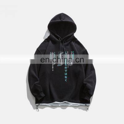 fashion drawstring adjustable hem loose hoodie men custom printed plain black hoodies