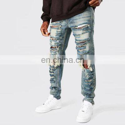 High fashion custom logo new fashion sexy men pants straight leg high waisted ripped knee jeans