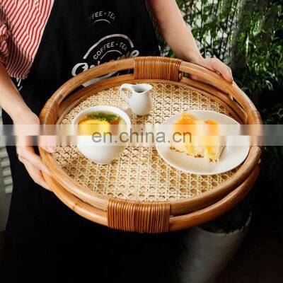 Hand Weave Rattan Tray Round Coffee Table Serving Tray for Table Handwoven Basket for Breakfast Wholesale