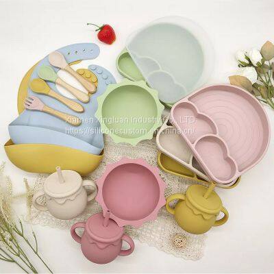 Silicon Bowl Silicone Plates For Toddlers With Placemat Suction Feeding Bib Set Wholesale