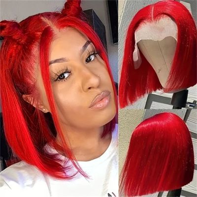 Red Short Bob Wig 13X4 Lace Front Human Hair Wigs For Women Brazilian Transparent Human Hair Wig Straight Colored Remy Hai