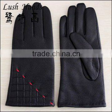 Black fancy winter warm leather gloves with red line