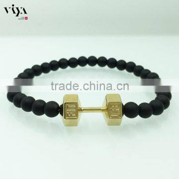 accept 3d drawing design jewelry gym men dumbbell plus beads bracelet 18k gold plated gym tools for sports men engraving logo