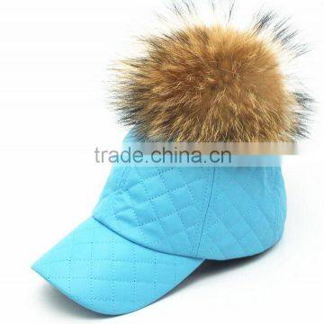 Blue faux leather Hat Snapback Cap with Raccoon Bobble Pom Pom Suede Baseball Cap