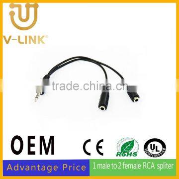 Factory price audio 1 male to 2 female RCA spliter for mobilephone/computer/game player
