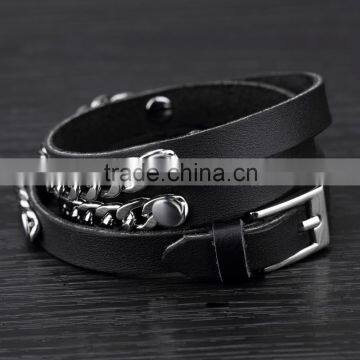 2016 New Cool Jewelry Three Wraps Black Genuine Chain Link Leather Bracelet for Men