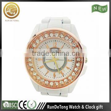 Beautiful white plastic quartz lady watch with rose gold bezel