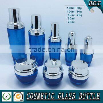 Bule coloured cosmetic packaging glass bottles and jars