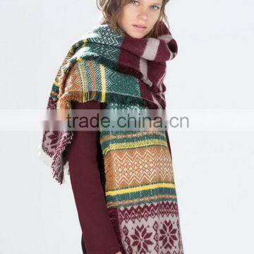 Snowflake Plaid Blanket Scarf,Boho Pashmina Scarf, Tribal Oversized Scarf, Plaid Scarf,Knitted Pashmana Scarf