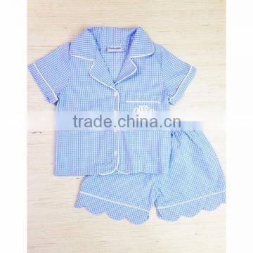 (SM106#blue )2-6T blue gingham comfortable loungewear with scalloped trim short set for children pajamas