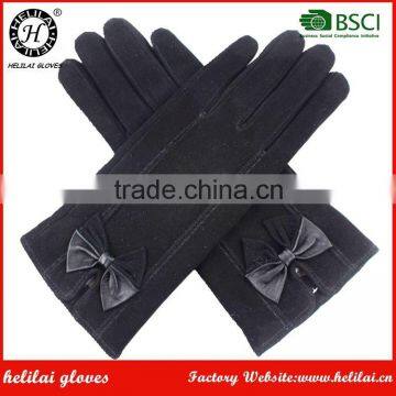 Helilai Factory OEM Wool Lined Ladies Black Suede Leather Gloves