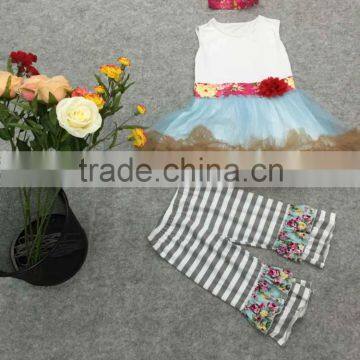 Three pieces boutique girls outfit baby girl puffy dress & long stripe pants beautiful headband yiwu koya garment factory