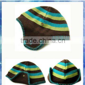 boys acrylic stripe knit oem earflap hat with blanket stitching hem