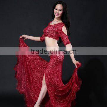 Wuchieal Lace Top and High Split Long Skirt at One Side for Belly Dance