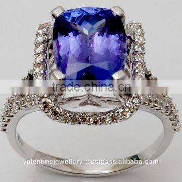 Big Single Tanzanite Gemstone White Gold Diamond Designer Ring