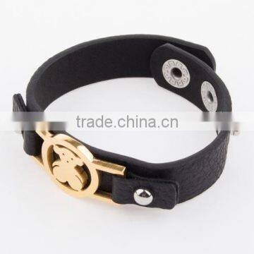 2015 fashion gold plated jewelry black leather snap button bangle