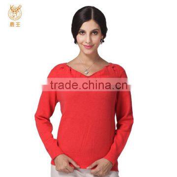 V Neck Crystal Cashmere Sweater, Ladies Red Special Collar Sweater