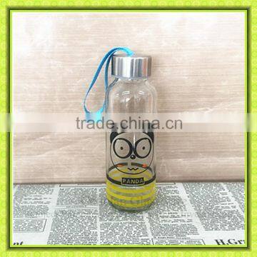 Clear panda printed glass beverage bottle with metal screw cap,glass cup with sealing metal lid,flassware