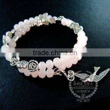 vintage antiqued silver rose flower leaf butterfly bird ice pink beads 2 layers fashion wiring bangle bracelet jewelry 6490054