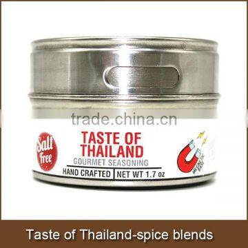 Taste of Thailand-gourmet spice blends in stainless steel jar with clear cap