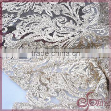 Gold metallic yarn embroidery design swiss lace, elegant mesh fabric for dress