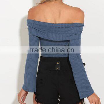 Hot Sale off Shoulder Fold Over Long Sleeve Knit Top Women Latest Design Tops photo-3