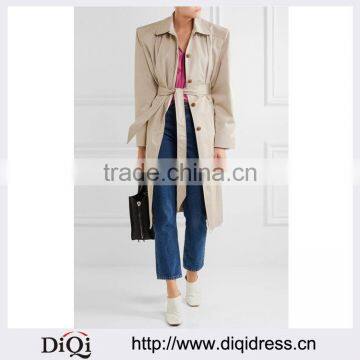 Wholesale Ladies Apparel Structured Shoulders Cotton-twill Satin Linen Self-tie Waist Trench Coat(DQE0381C)