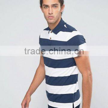 High Quality Custom Short Sleeve Split Hem Navy White Stripe Design Men's 100% Cotton Pique Casual Polo T-Shirt