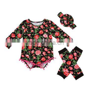 2017 Boutique baby floral rompers baby girl long sleeves rompers with leg warmmer matching headband