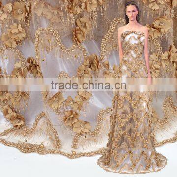 3D Beaded Embroidery Lace Fabrics Gold Yellow French Lace Fabric 2017 photo-2