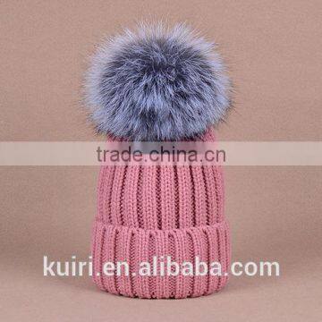 Knitted Hat With Snap Silver Fox Fur Ball on Top photo-2