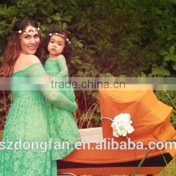 Mommy And Daughter Turquoise Lace Dress Maternity Floor Length Lace Eyelash Gown Dress photo-2