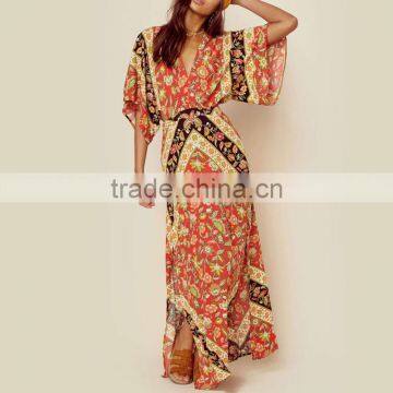 Bat Sleeve Printed Ethnic Clothing Women Kaftan Open Back Design Maxi Dress photo-5