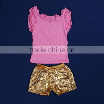 2015 wholesale cheap boutique remake ruffle sleeves top and sequins shorts baby girls outfits YW-046