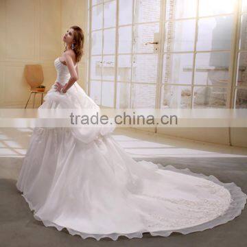 A-Line Satin/Organza Strapless Pearls Beaded Long Trail Gown Wedding dress ball gowns bridal gowns