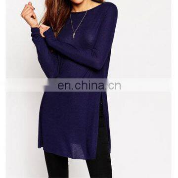 Purple color woman long sleeves spring knitted blouse with side split