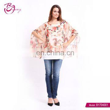 Chiffon Crew Neck Guangzhou Supplier Floral Printing Woman Tops