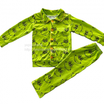 New popular boutique wholesale children's clothes Grinch patterned girls long-sleeved Christmas pajama set
