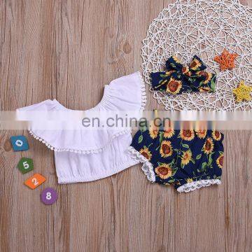 Toddler Sunflowers Clothing Set Baby Girls Pink Ruffle off Shoulder Tops & Sunflower Shorts & Headband Outfits photo-3