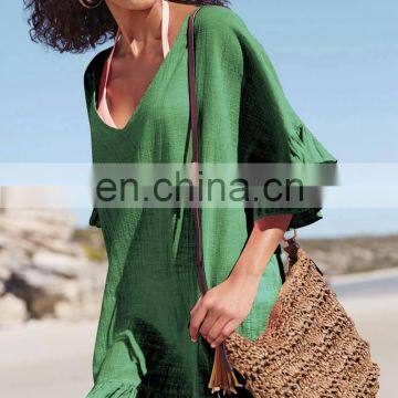 Bamboo Cotton Cover Up Sexy White V Neck Beach Dress Robe de Plage Sarong Beach Poncho Beachwear Coverups Saida de Praia photo-5