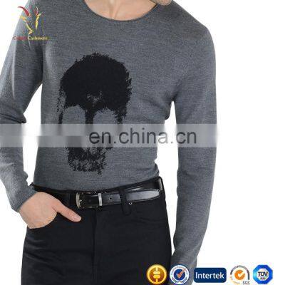 Intarsia Skull Pattern Merino Wool V Neck Mens Fashion Sweater photo-2