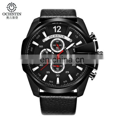 OCHSTIN 062 Men Casual Quartz Big Face Watch Black Leather Strap Auto Date Male Watches