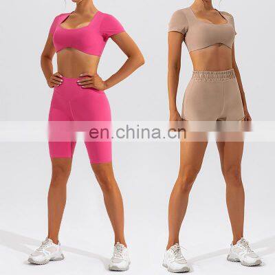 Fashion Fitness Gym Sports Casual Hot Shorts High Waist Biker Shorts Built In Bra Short Sleeve Crop Top Yoga Suit Set For Women