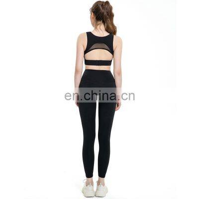 Custom Logo Women Sportswear Suit Set Back Hollow Out Bra And High Waist Leggings Two Piece Yoga Set Sexy Mesh Gym Running Wear